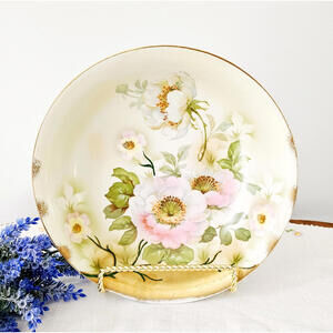 Vintage Leuchtenburg Germany Serving Bowl Gold Pink & White Peonies Hand Painted
